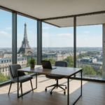 Bureaux modernes dans un immeuble à Paris avec vue sur la Tour Eiffel, évoquant la confiance et le succès professionnel.